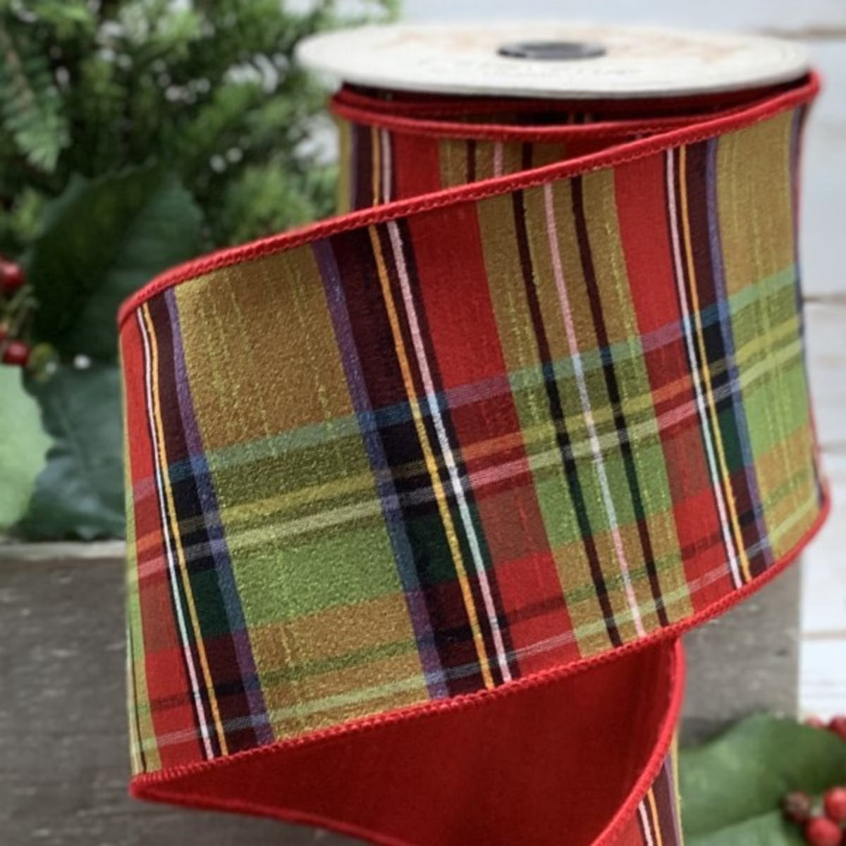 4" x 10yds Plaid Red & Lime Green Ribbon