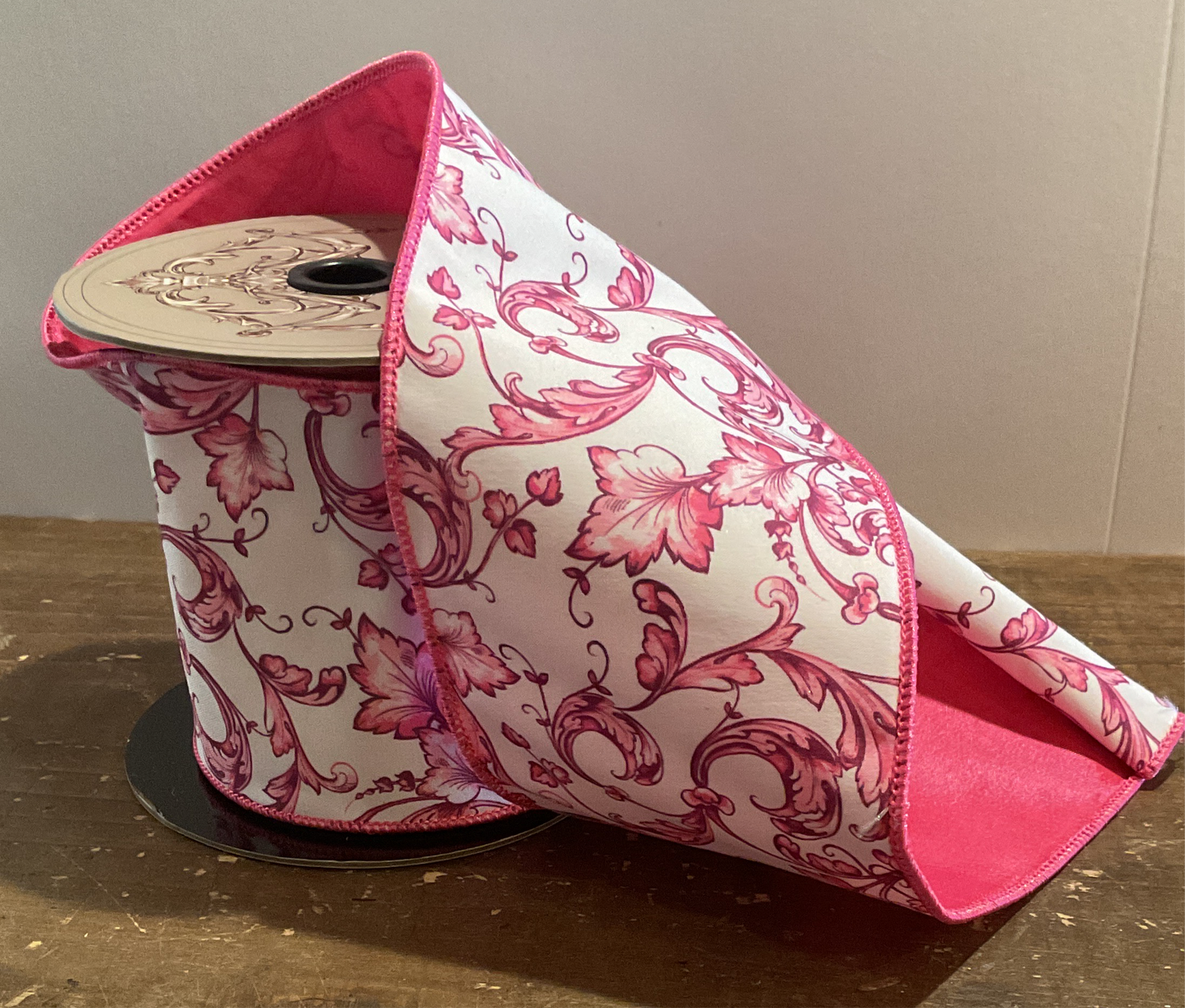 4” x 10 Yrd Pink Acanthus Scroll Ribbon