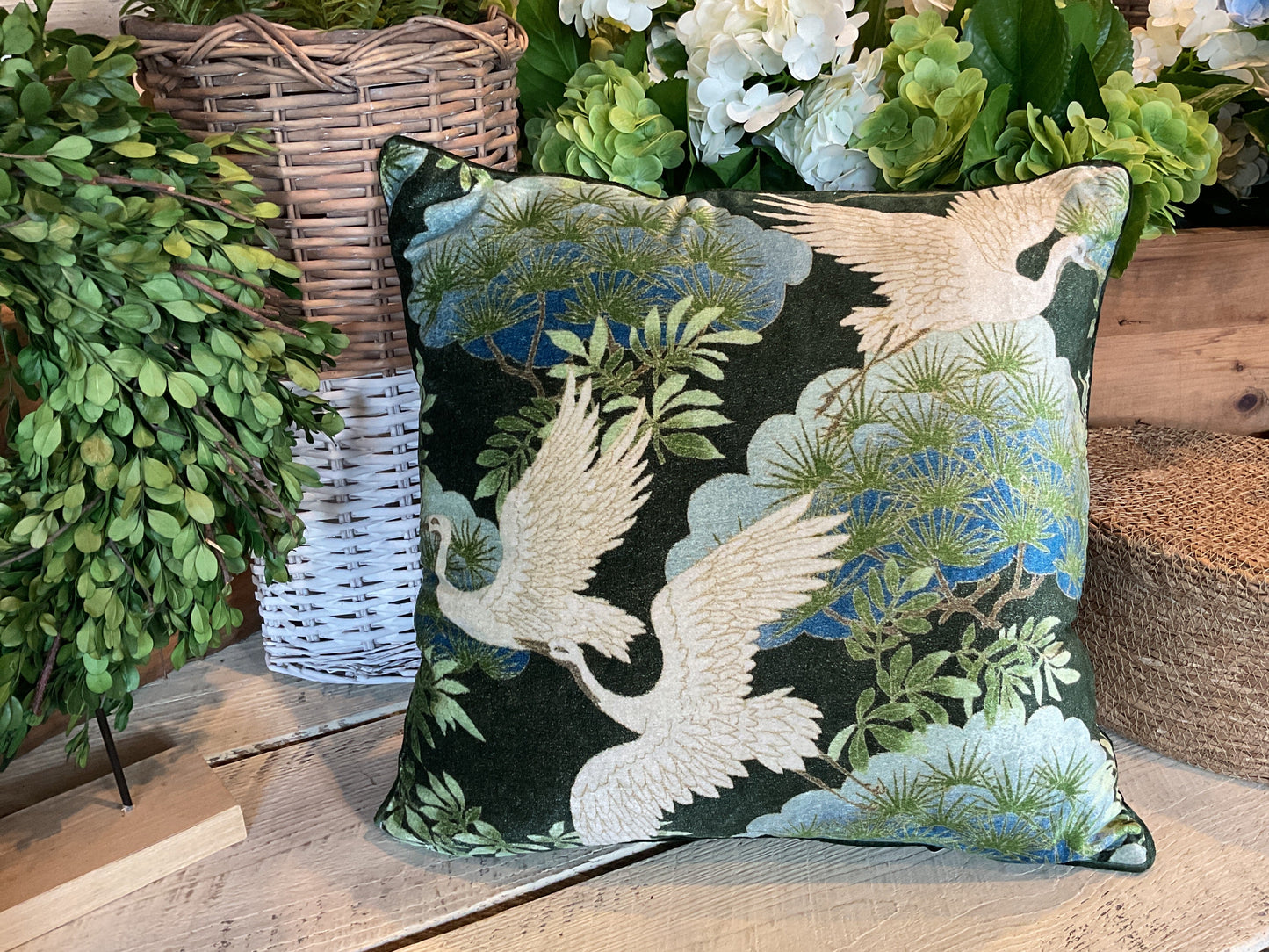 18” Cotton Blend Velvet Printed Pillow w/ Swans