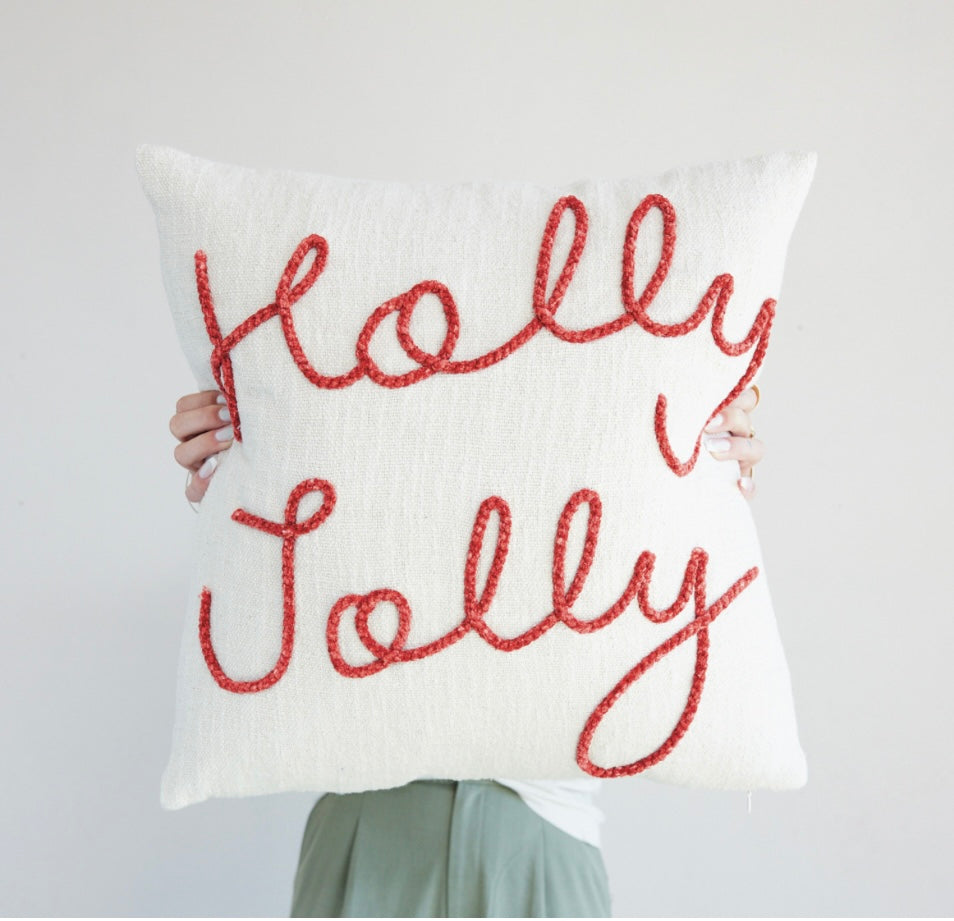 20" Square Cotton Pillow w/ Embroidered "Holly Jolly"
