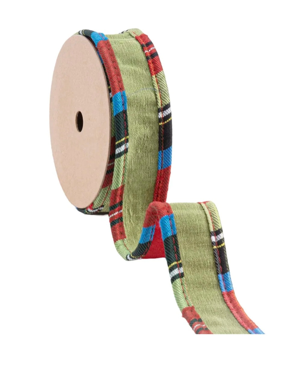 1” Wired Reversible Red/Green w/ Plaid Cording Ribbon