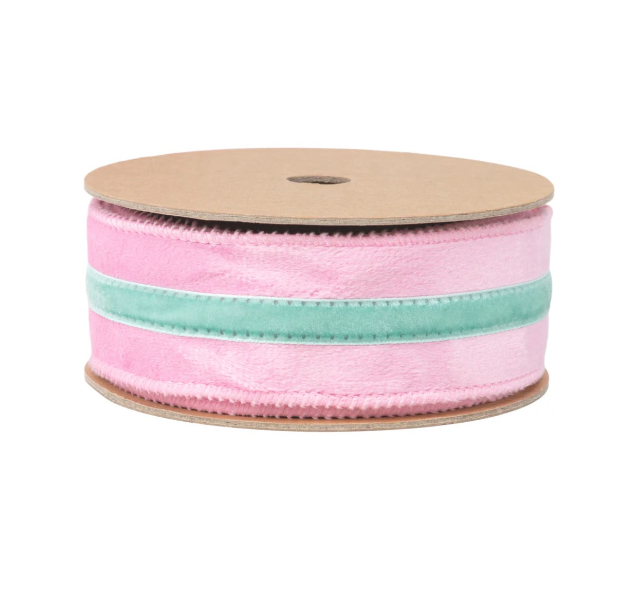 1 1/2” Wired Velvet Ribbon/Pink w Blue Trim/10 Yards