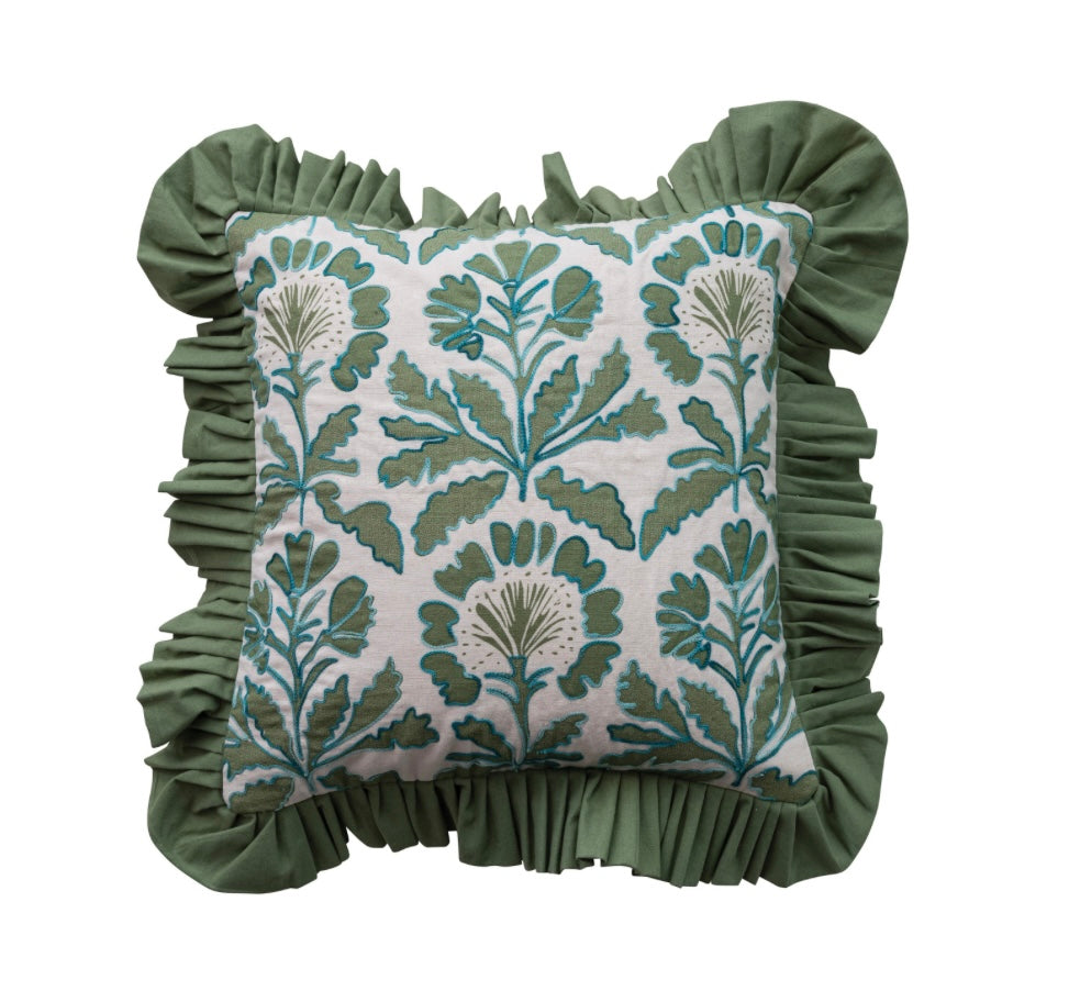 18” Cotton Pillow w/ Floral Pattern, Embroidery & Ruffle