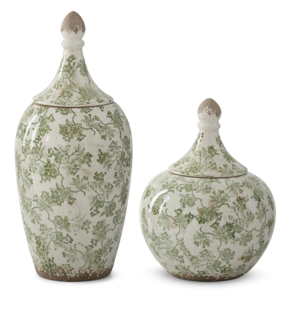 11.75" Green & Cream Crackled Ceramic Chinoiserie Ginger Jar