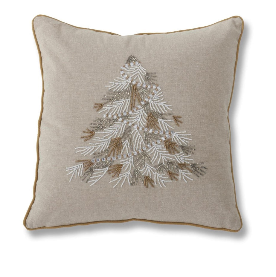 18" Square Cotton Beaded Christmas Tree Pillow