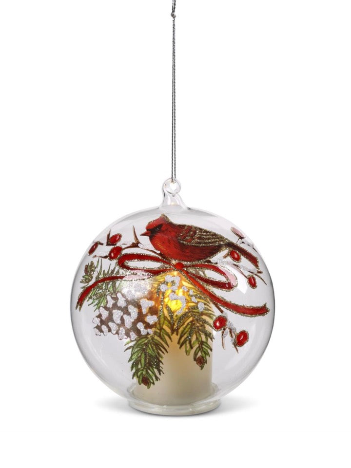3.5” LED Clear Glass Cardinal & Pinecone Ornament