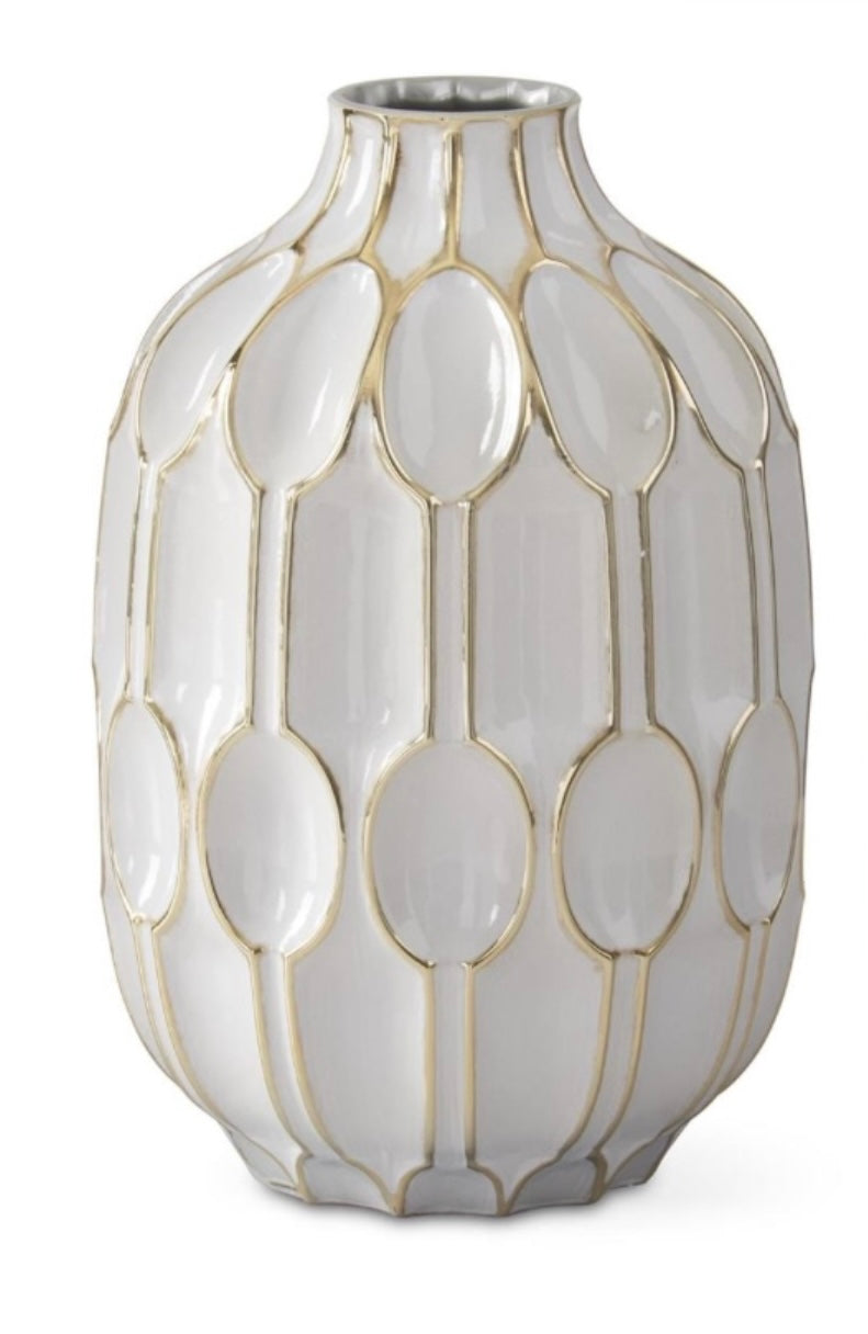 White Glass and Gold Oval Embossed Vase