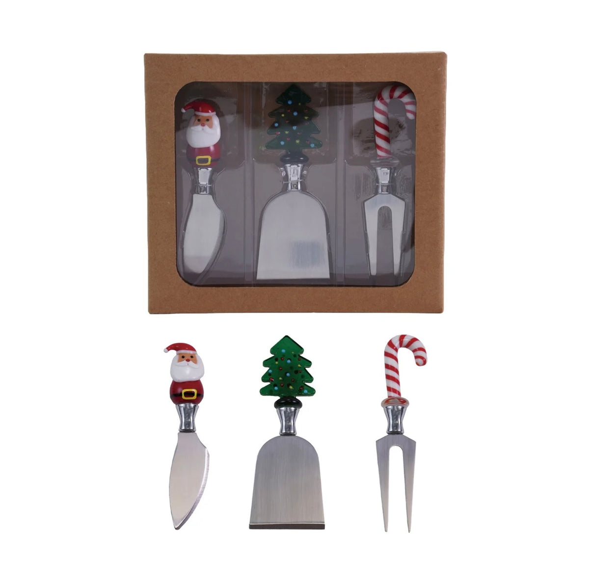 Cheese Knives w/ Hand-Blown Glass Holiday Icon Handle, Boxed Set of 3