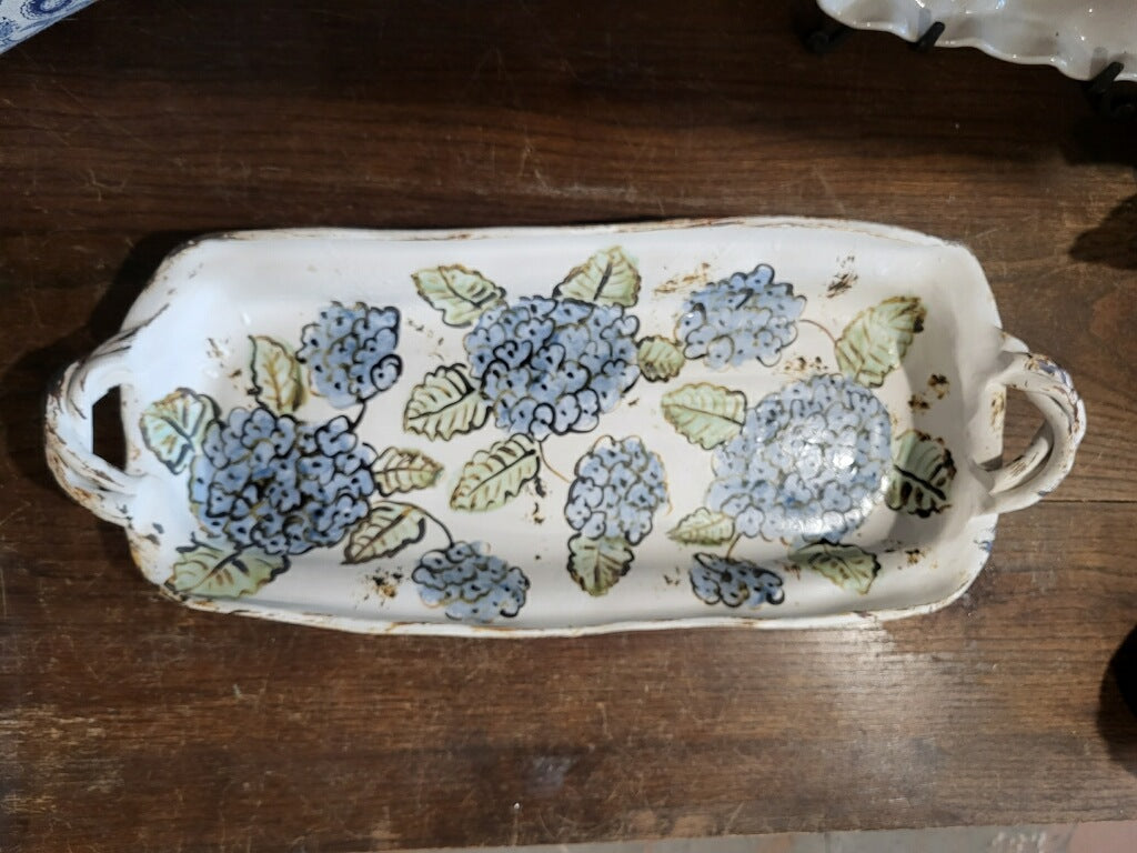Blue Hydrangea Rectangle Platter with Handles