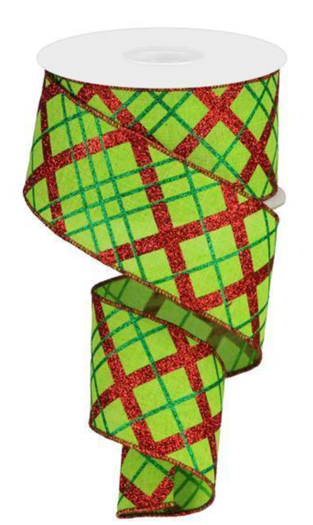 2.5"X10YD Diagonal Lime Green/Red Plaid Ribbon