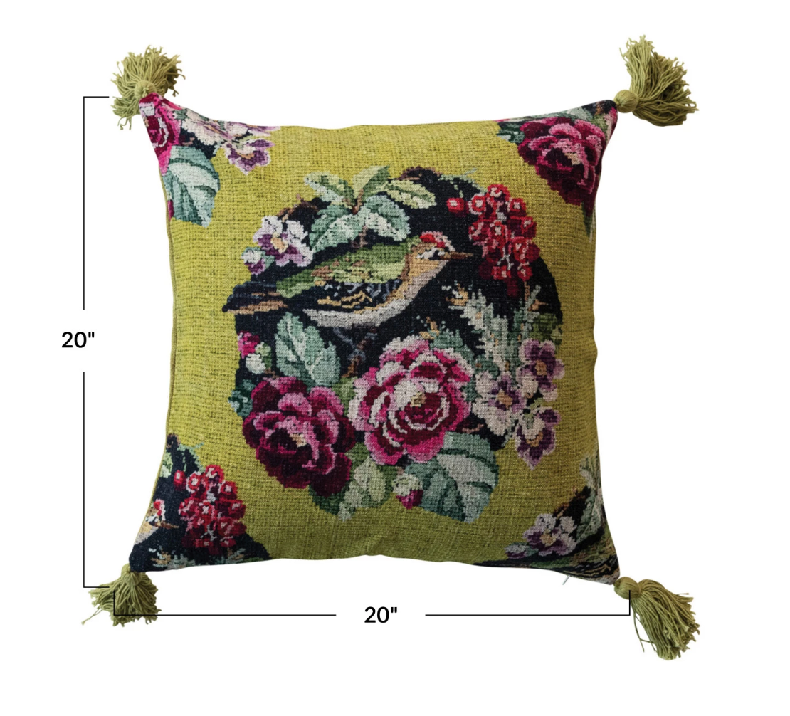 Square Woven Linen Blend Pillow with Birds