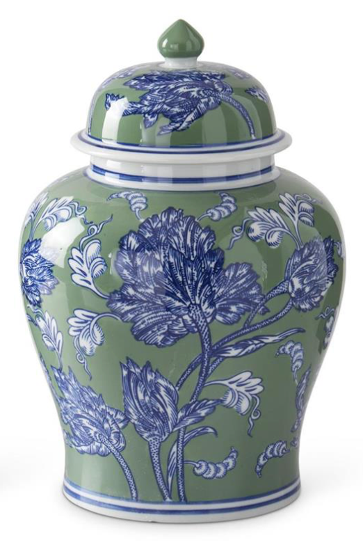 Blue Green & White Floral Ceramic Vase