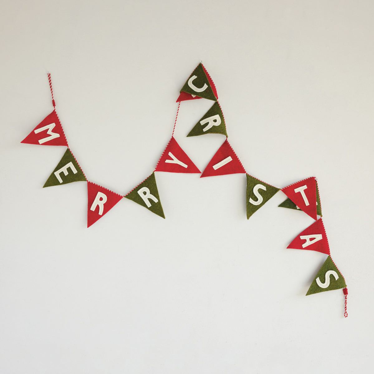 Handmade Wool Felt Pennant Banner "Merry Christmas" w/ Striped Cord