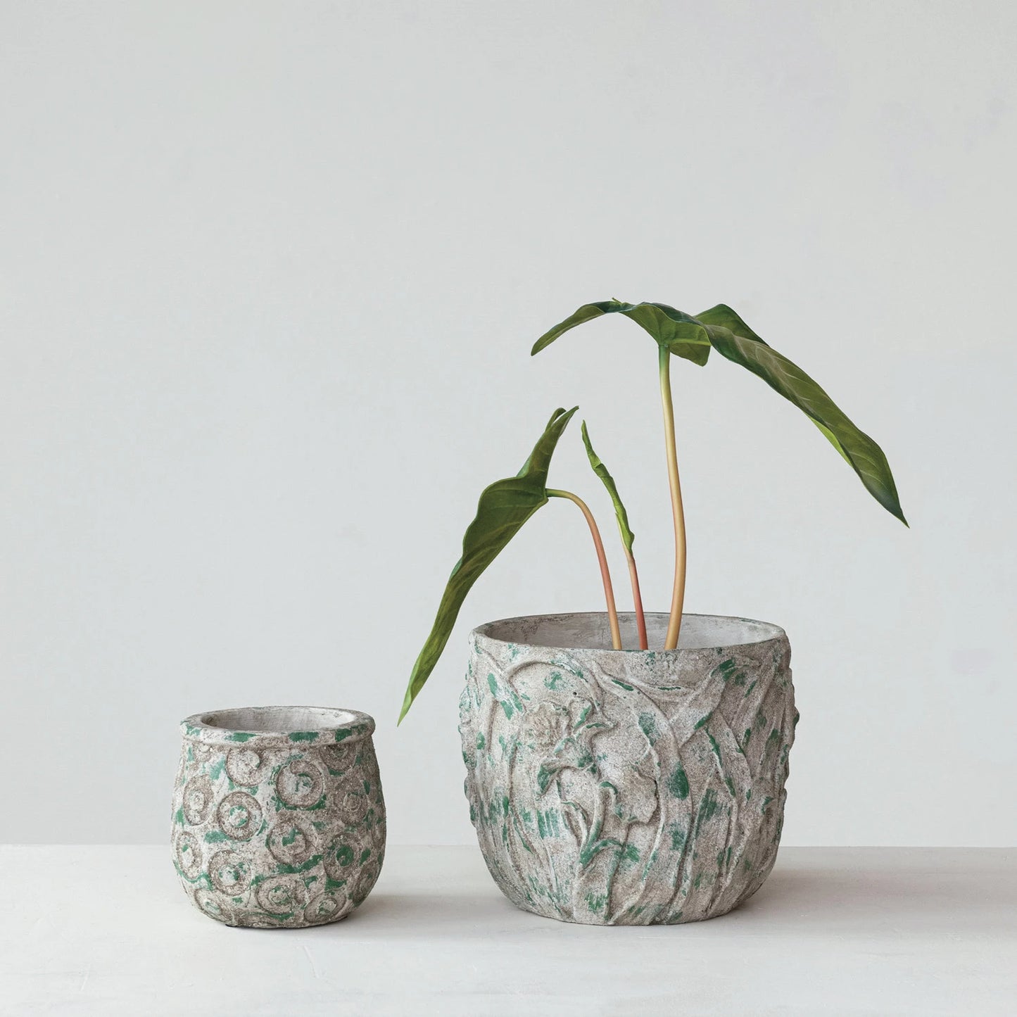 Cement Planter with Embossed Florals