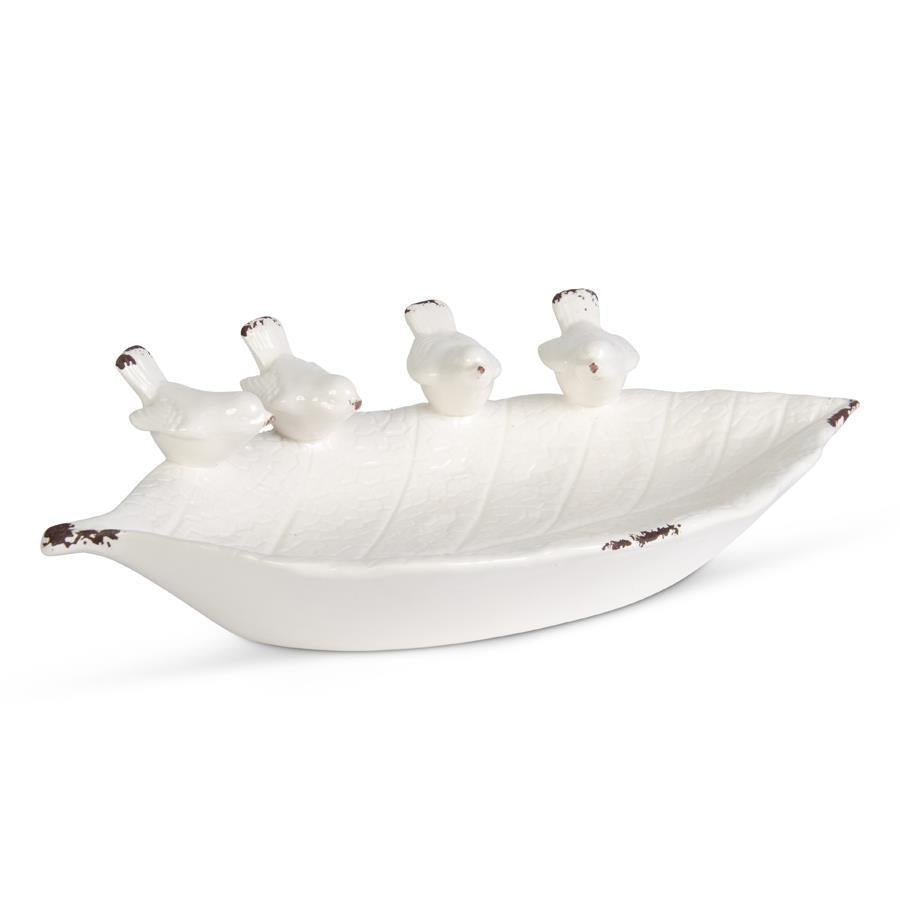 White Ceramic Leaf Bowl with Birds