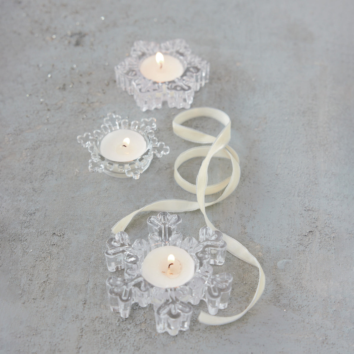 Round Glass Snowflake Shaped Tealight Holders, Set of 3
