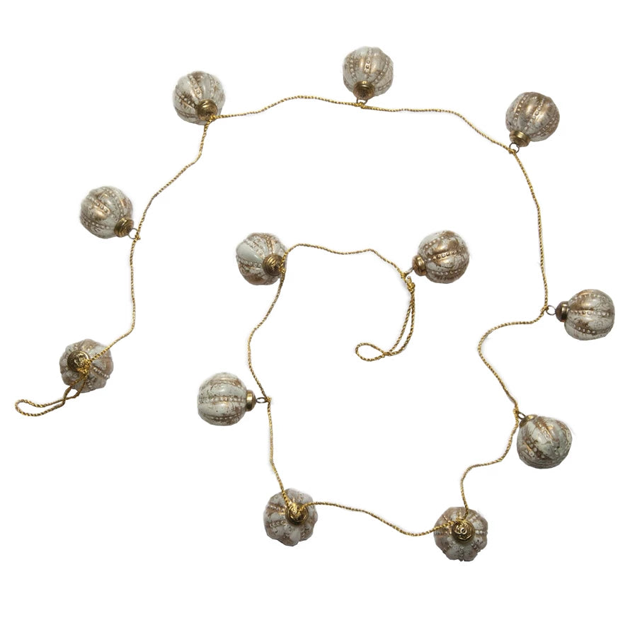 Embossed Recycled Mercury Glass Ball Ornament Garland w/ Gold Cord