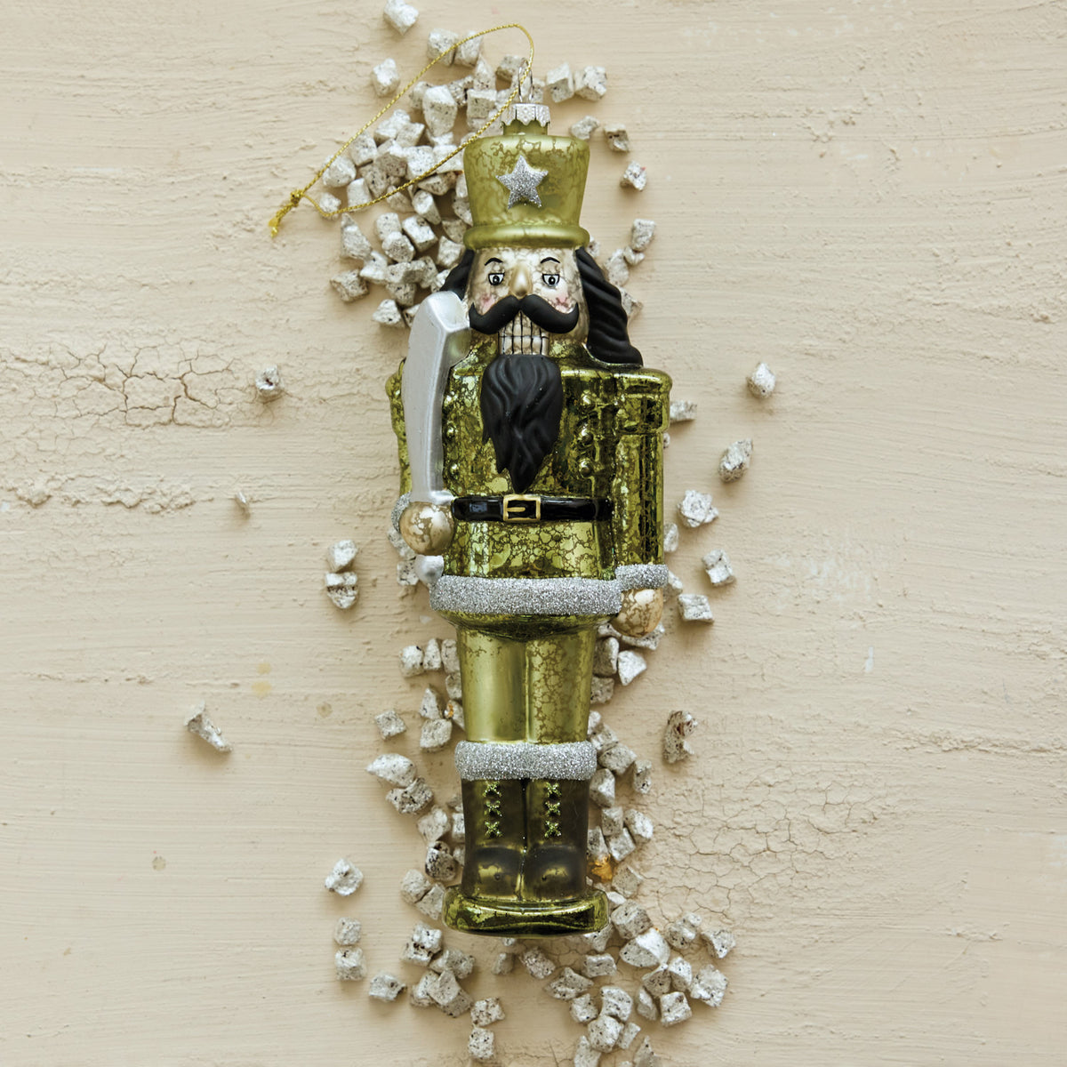 Glass Soldier Ornament w Glitter Silver Finish & Green