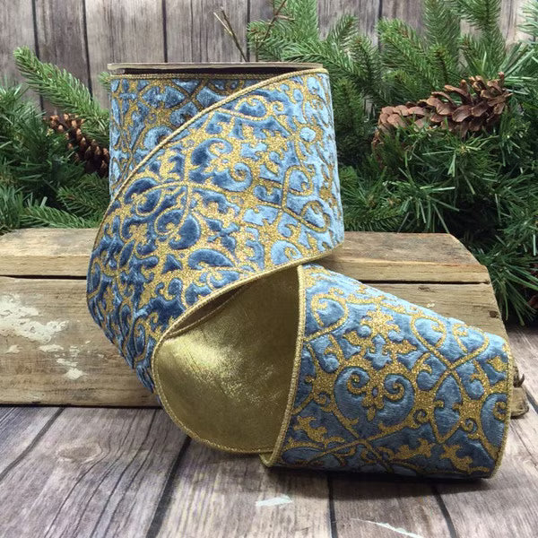 4" x 10YDS Velvet Dusty Blue Glitter Treillage Ribbon