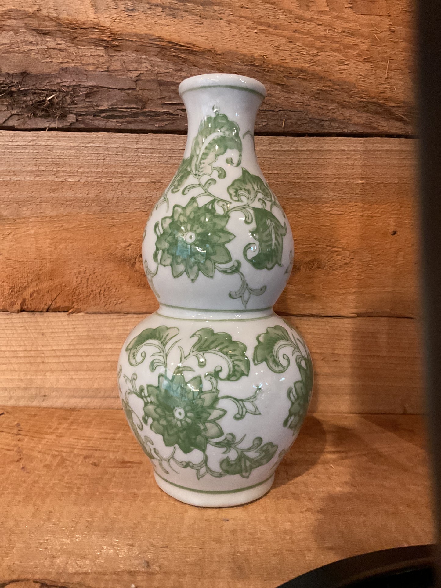 Hand Painted Stoneware Vase w Floral Design,Green and White