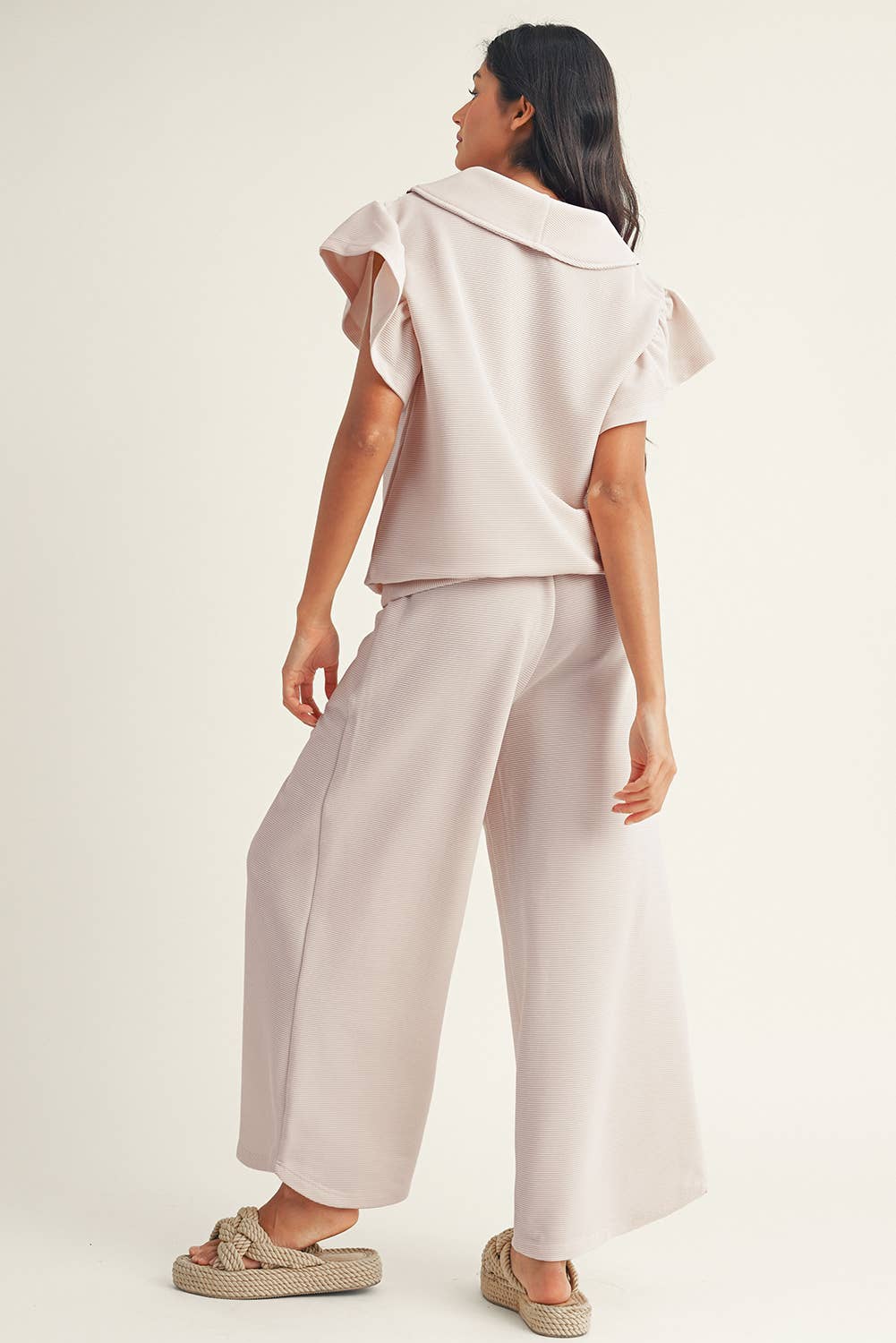 Textured Ruffled Sleeve Top and Wide Leg Pants Set