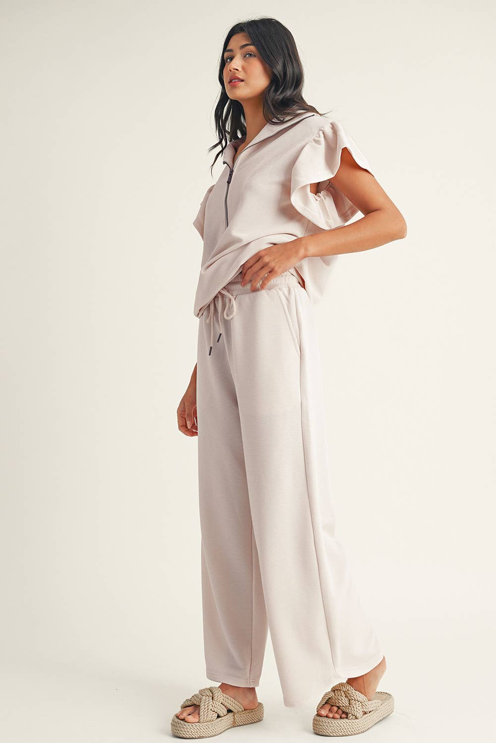 Textured Ruffled Sleeve Top and Wide Leg Pants Set