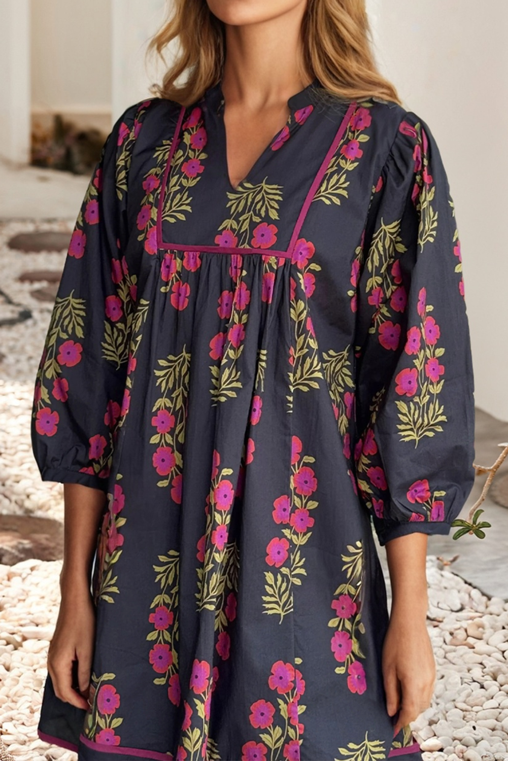 Notched Neck Piping Trim Bracelet Sleeve Babydoll Dress