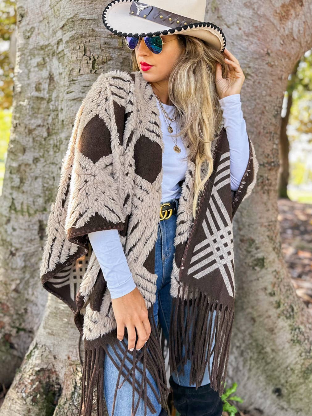 Western Boho 3D Textured Geometric Fringe Ruana Cardigan