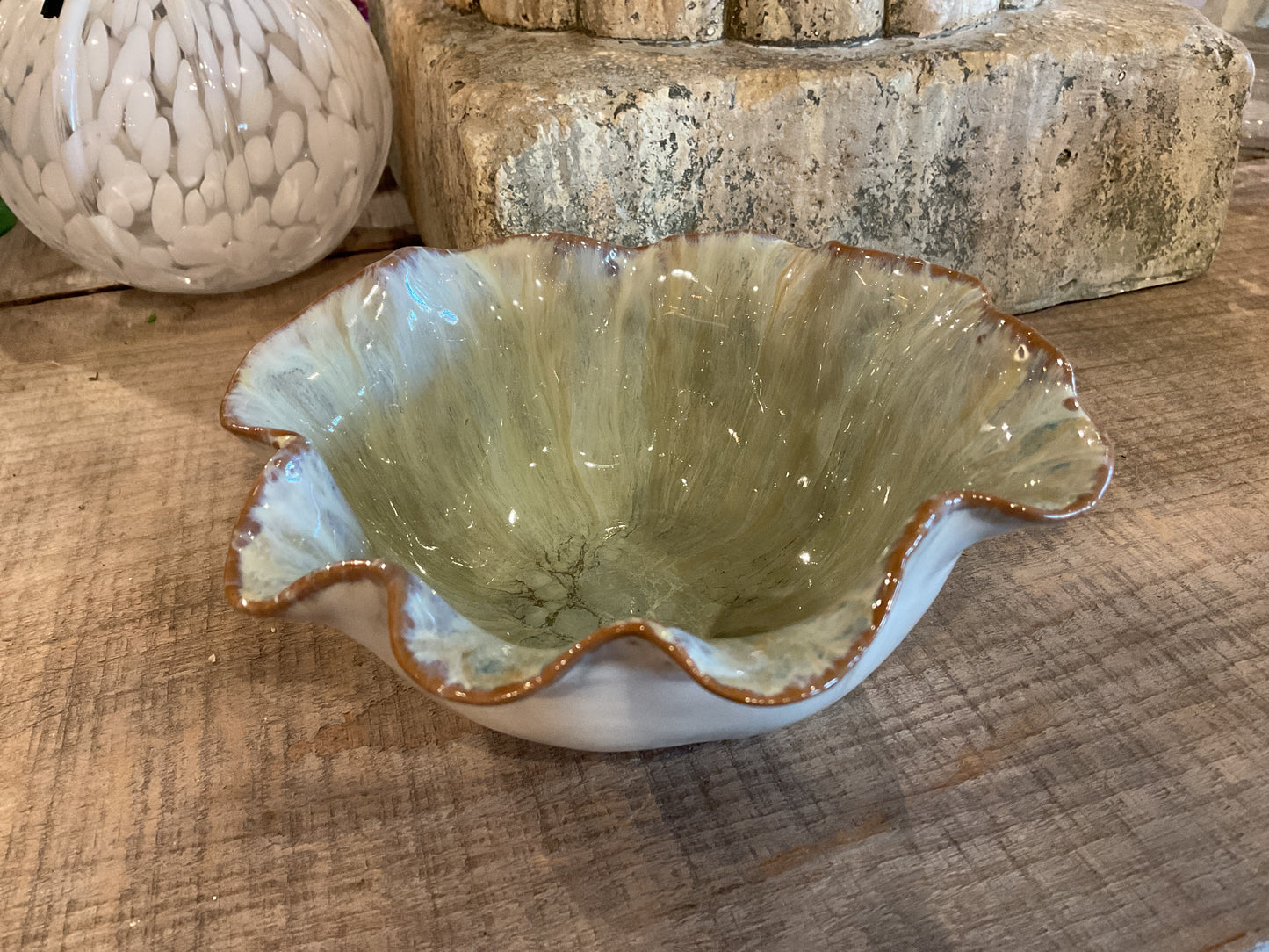 Stoneware Ruffled Bowl, Reactive Glaze (Each One Will Vary)