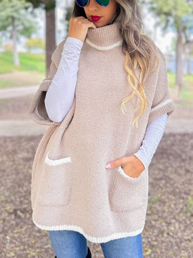 Soft Knit Turtleneck Short Sleeve Pocket Pullover Sweater