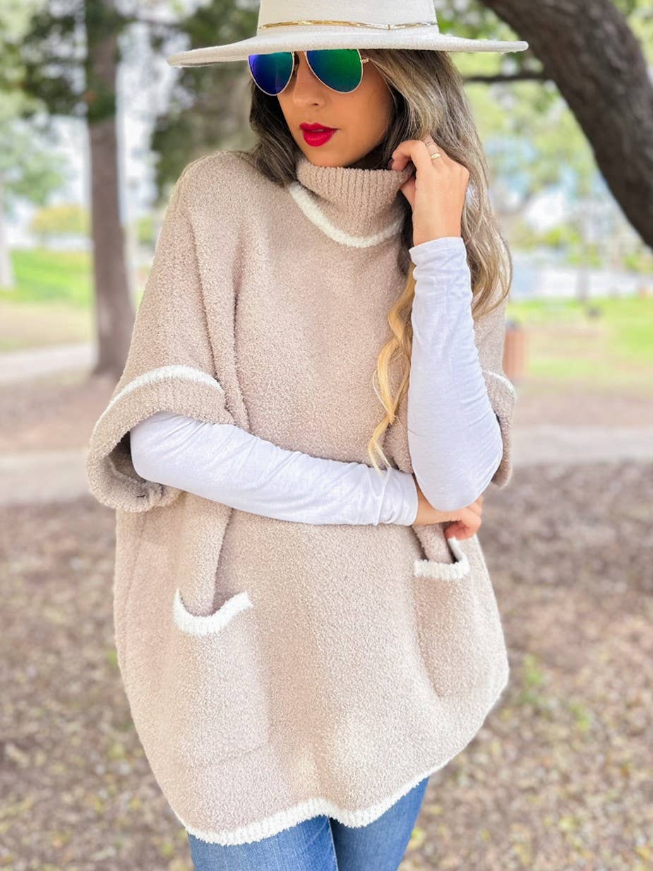 Soft Knit Turtleneck Short Sleeve Pocket Pullover Sweater
