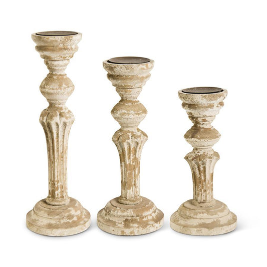 Brown Distressed Wood Column Candle Holders