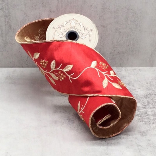 4" x 5yds Embroidered Red/Gold Ribbon