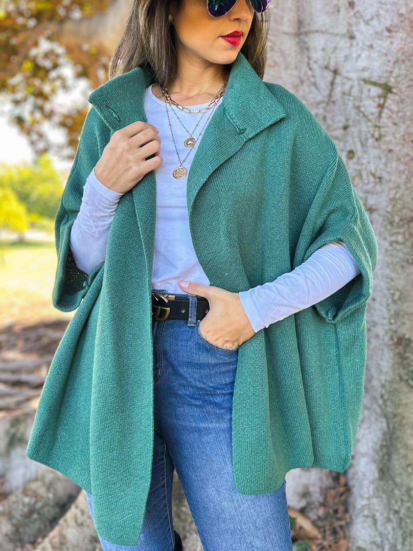 Button Neck Knit Cape Ruana Cardigan – Cozy Wrap