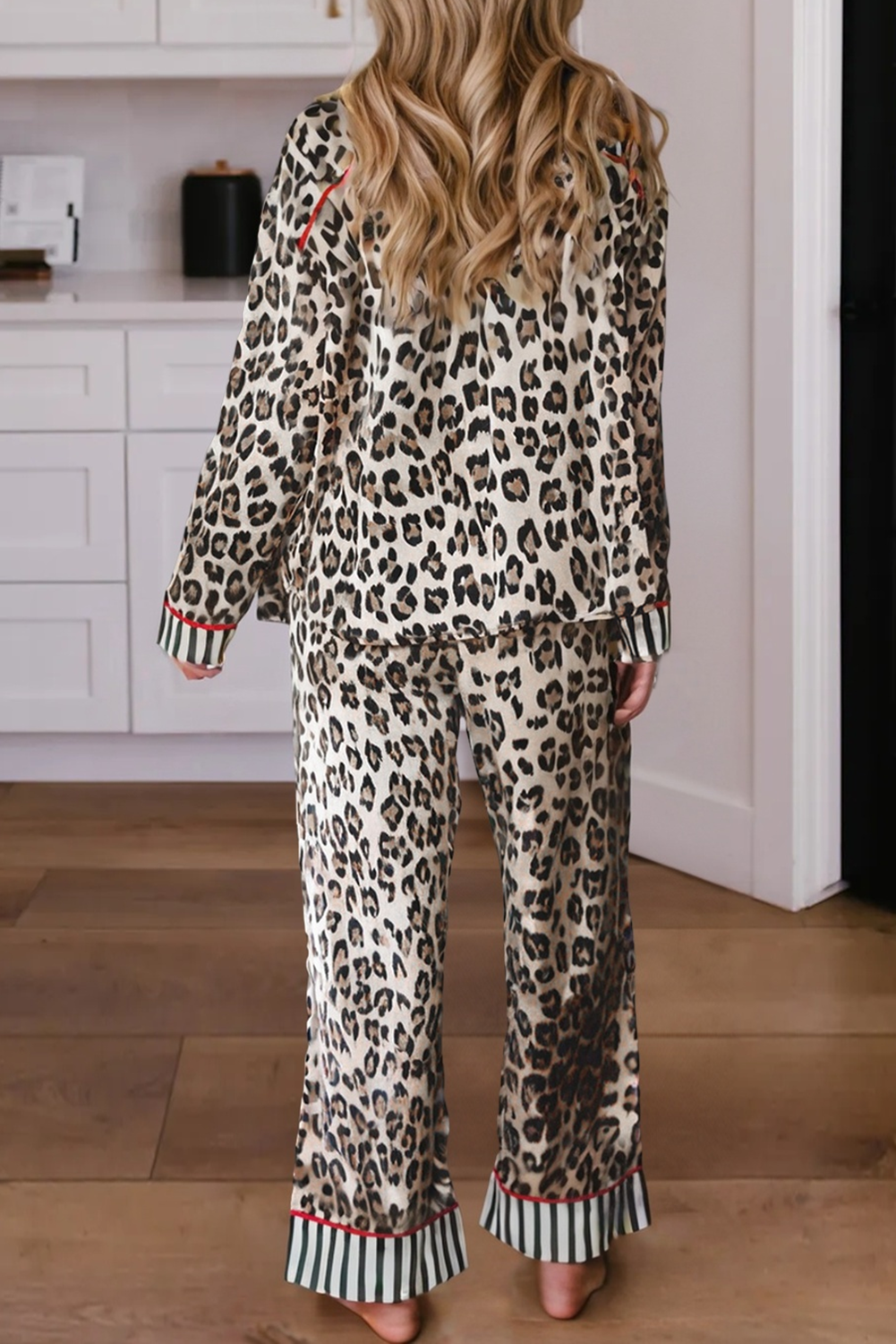 Leopard Pajama Set with Striped Cuffs