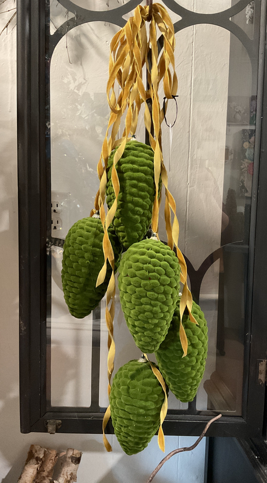 29” Green Velvet Flocked Pinecone Door Swag