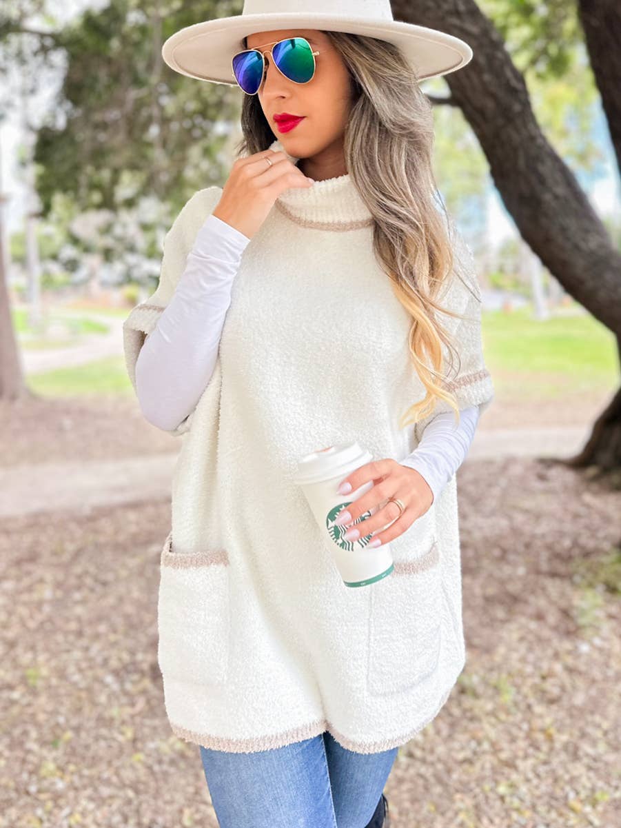 Soft Knit Turtleneck Short Sleeve Pocket Pullover Sweater