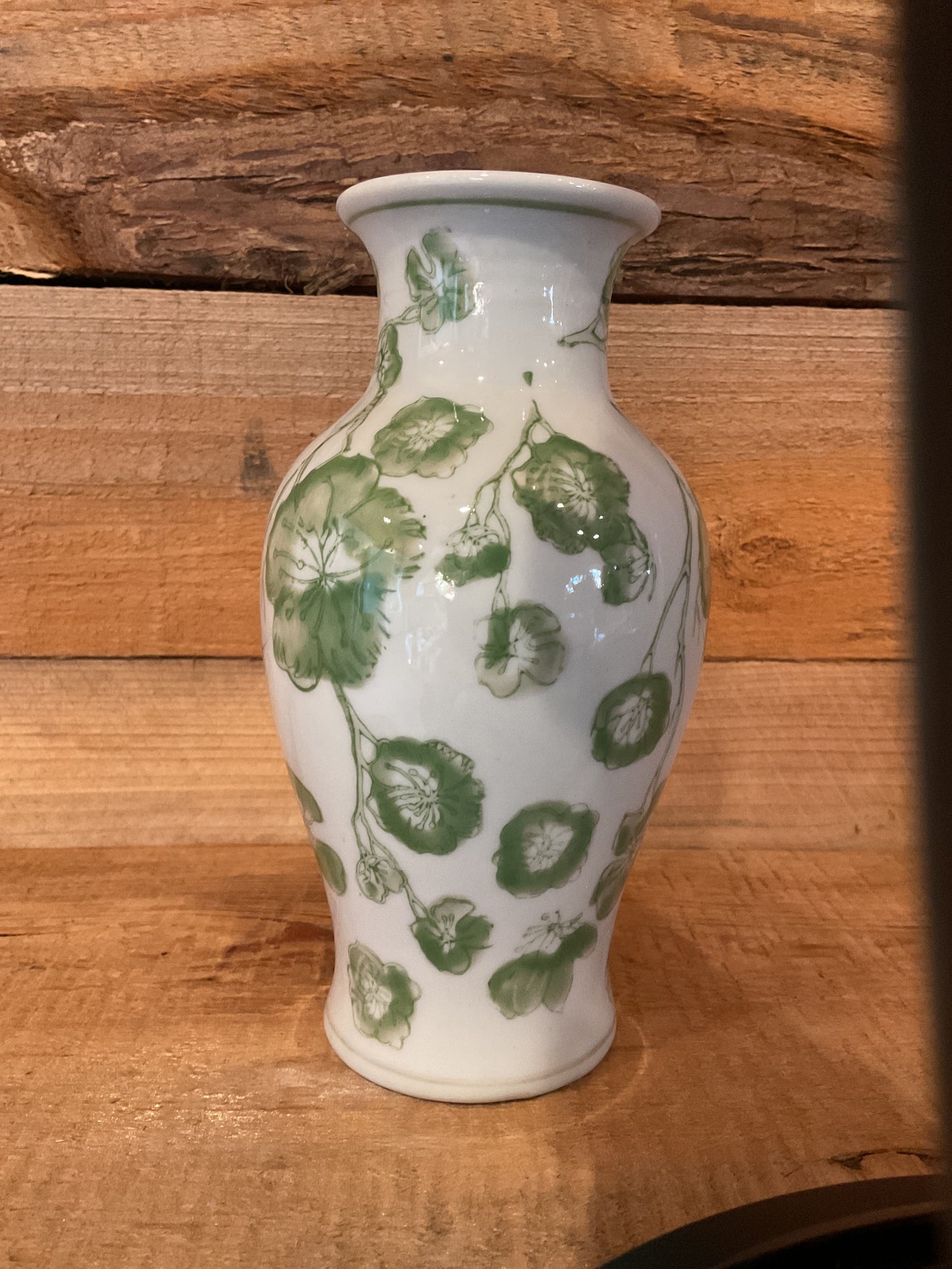 Hand Painted Stoneware Vase w Floral Design,Green and White