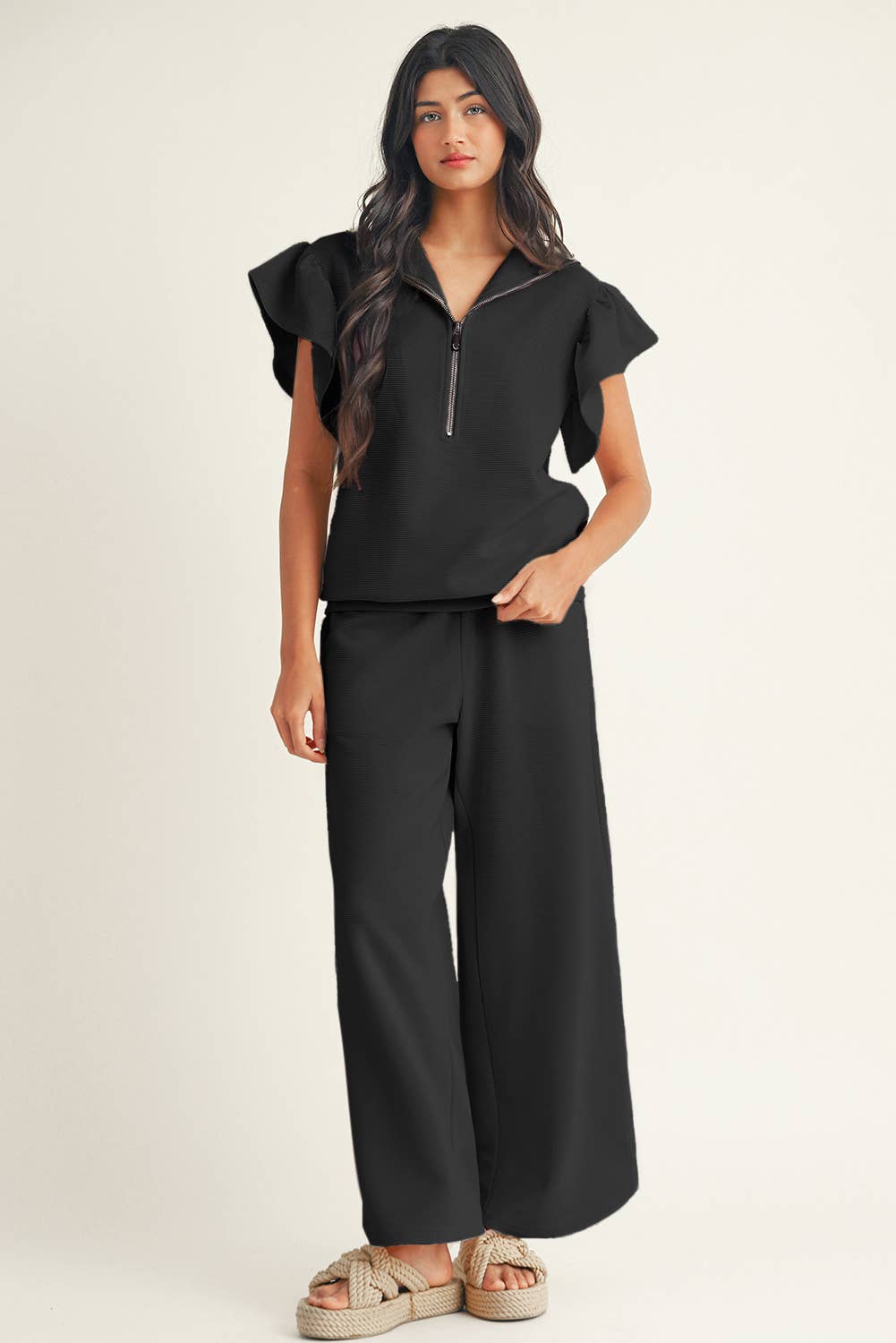 Textured Ruffled Sleeve Top and Wide Leg Pants Set