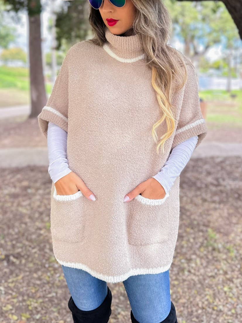 Soft Knit Turtleneck Short Sleeve Pocket Pullover Sweater