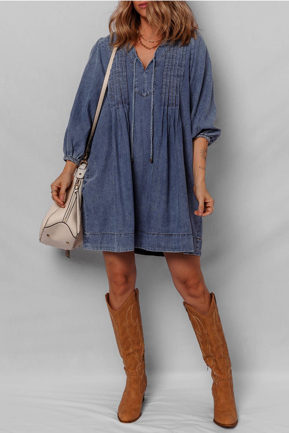 3/4 Sleeve Tied V Neck Pleated Denim Mini Dress