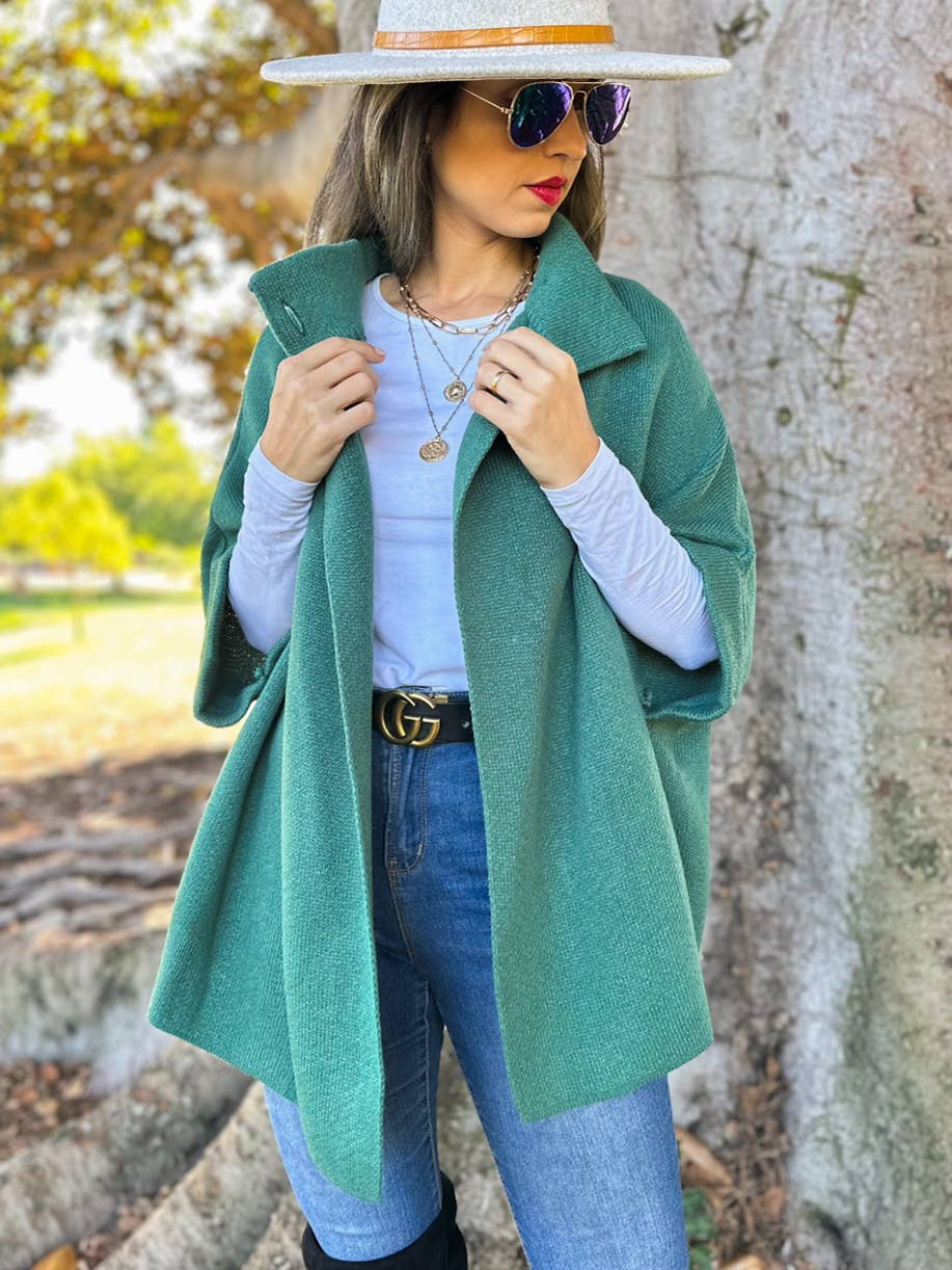 Button Neck Knit Cape Ruana Cardigan – Cozy Wrap