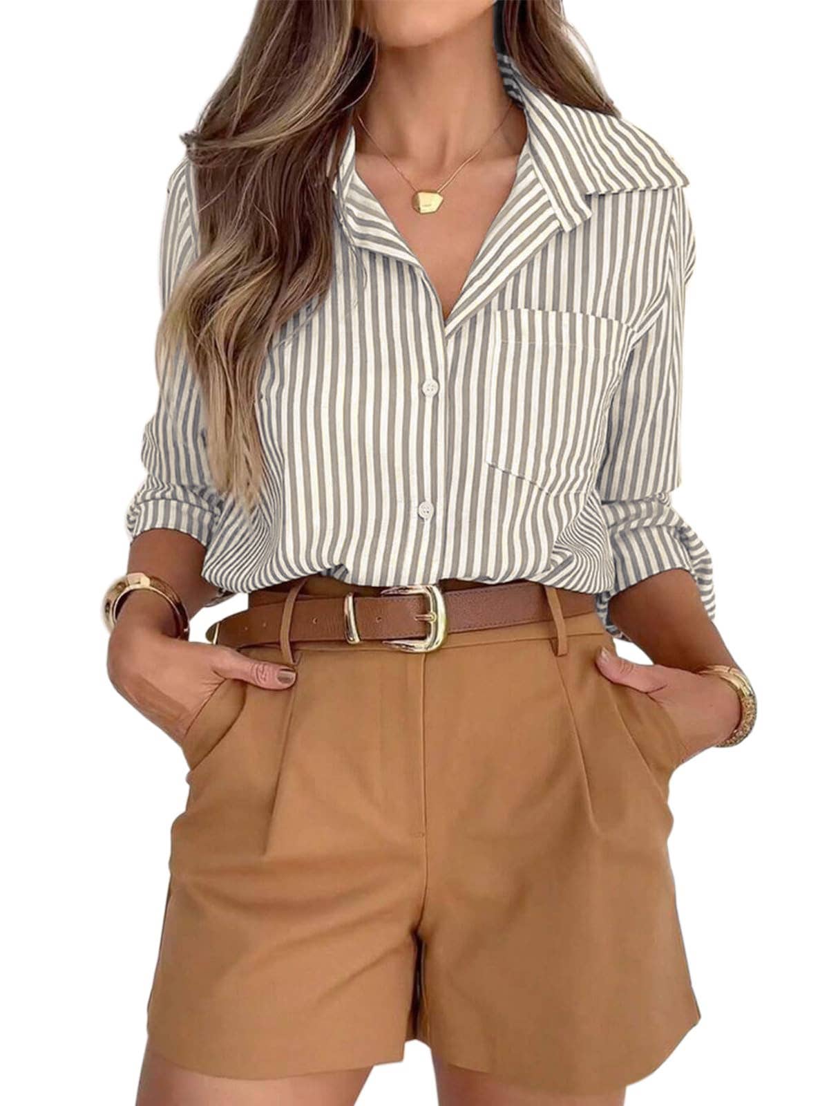 Vertical Stripe Button-Up Shirt with Rolled Sleeves