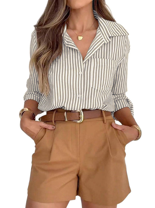 Vertical Stripe Button-Up Shirt with Rolled Sleeves