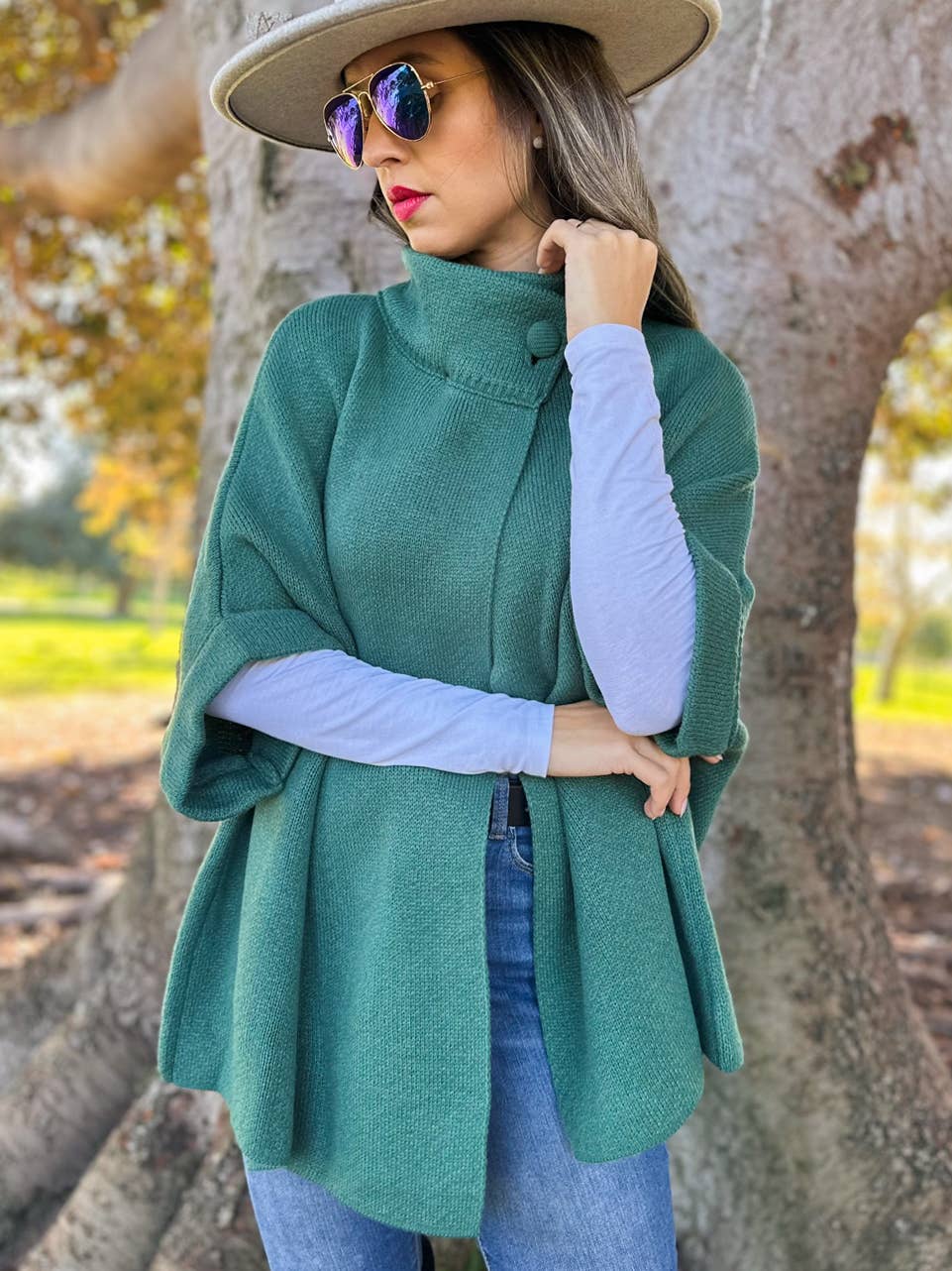 Button Neck Knit Cape Ruana Cardigan – Cozy Wrap