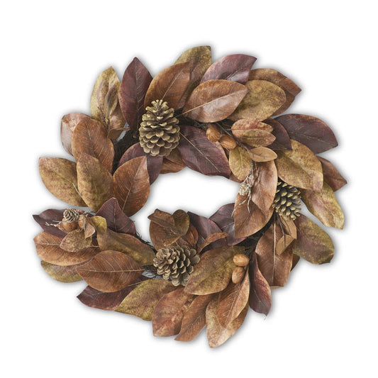 30" Fall Magnolia Wreath w/Nut & Pinecones