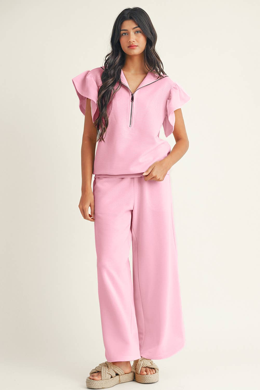 Textured Ruffled Sleeve Top and Wide Leg Pants Set