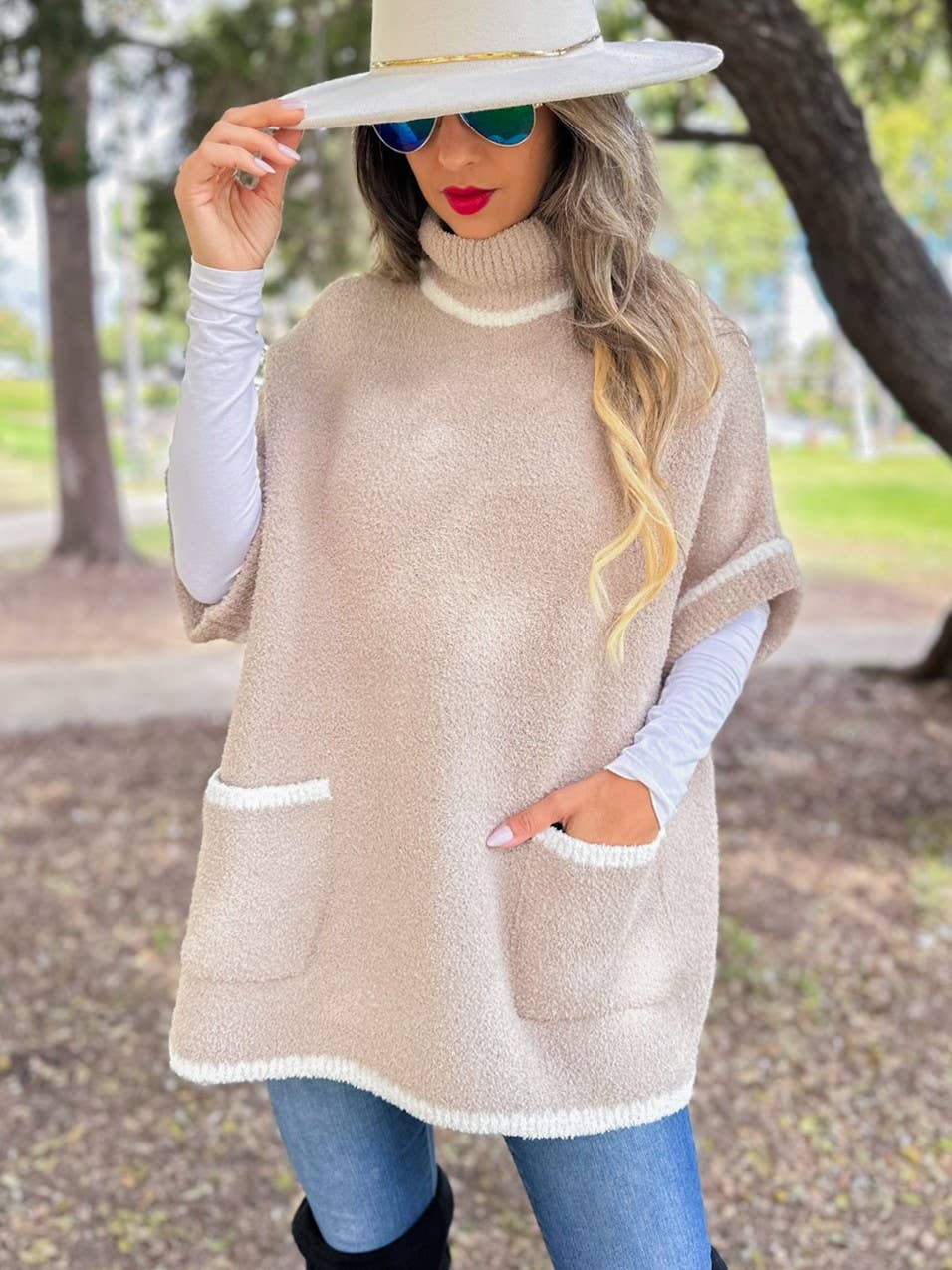 Soft Knit Turtleneck Short Sleeve Pocket Pullover Sweater