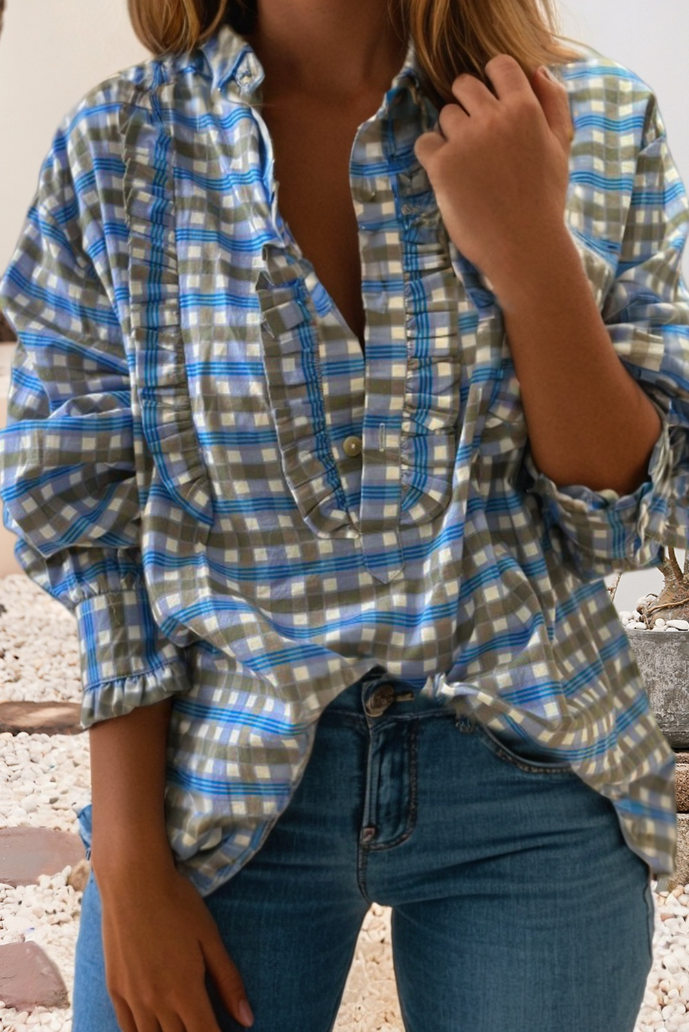 Plaid Long Sleeve Frilled Detail Half Button Blouse
