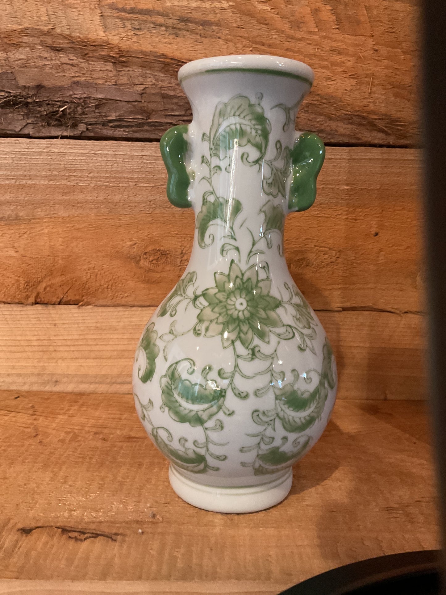 Hand Painted Stoneware Vase w Floral Design,Green and White